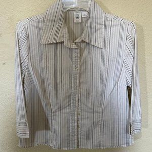 Apt 9. Striped Button Down Shirt Woman's M Medium Off White Blue Long Sleeve